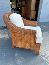 Load image into Gallery viewer, Ethan Allen Curved Rattan Armchair with White Cushions
