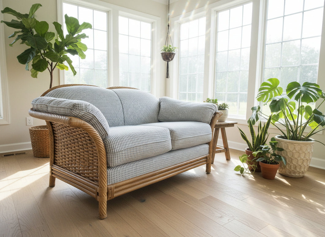 Coastal Blue Check Rattan Loveseat by Lane Venture