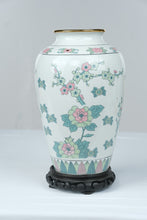 Load image into Gallery viewer, Vintage Japanese Imari Floral Porcelain Vase Gold Trim Wood Stand 12 Inch
