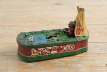 Load image into Gallery viewer, J E Stevens Chief Big Moon Cast Iron Mechanical Bank Frog Pond Bailey 1899
