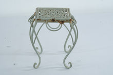Load image into Gallery viewer, Vintage Style Wrought Iron Plant Stand Sage Green Scrollwork Square Metal 9 Inch
