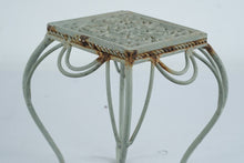 Load image into Gallery viewer, Vintage Style Wrought Iron Plant Stand Sage Green Scrollwork Square Metal 9 Inch
