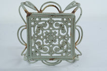Load image into Gallery viewer, Vintage Style Wrought Iron Plant Stand Sage Green Scrollwork Square Metal 9 Inch
