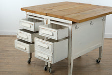 Load image into Gallery viewer, Vintage Farmhouse Industrial Kitchen Island from Repurposed Executive Desk
