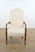 Load image into Gallery viewer, Traditional Upholstered Armchair with Carved Wood Frame and Ivory Diamond Pattern Fabric

