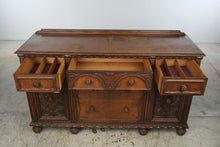 Load image into Gallery viewer, Antique 1920s Jacobean Revival Carved Wood Buffet Sideboard – 62 Inches
