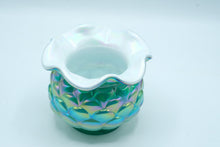 Load image into Gallery viewer, Opalescent Cased Glass Bowl – Iridescent Teal &amp; White “Jacqueline” Pattern, Fenton Handmade USA
