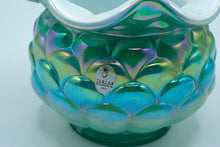 Load image into Gallery viewer, Opalescent Cased Glass Bowl – Iridescent Teal &amp; White “Jacqueline” Pattern, Fenton Handmade USA
