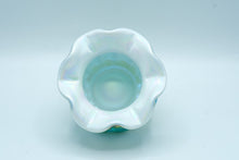 Load image into Gallery viewer, Opalescent Cased Glass Bowl – Iridescent Teal &amp; White “Jacqueline” Pattern, Fenton Handmade USA
