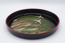 Load image into Gallery viewer, Japanese Lacquer Style Round Serving Tray Birds Reeds Grass 12 Inch
