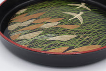 Load image into Gallery viewer, Japanese Lacquer Style Round Serving Tray Birds Reeds Grass 12 Inch
