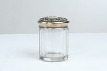 Load image into Gallery viewer, Antique Sterling Silver 925 Ornate Repousse Lid Cut Glass Vanity Jar Monogrammed

