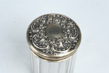 Load image into Gallery viewer, Antique Sterling Silver 925 Ornate Repousse Lid Cut Glass Vanity Jar Monogrammed
