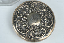 Load image into Gallery viewer, Antique Sterling Silver 925 Ornate Repousse Lid Cut Glass Vanity Jar Monogrammed
