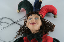Load image into Gallery viewer, Jester Marionette Puppet – Hand-Painted Face, Velvet Costume &amp; Wooden Control Bar (17")
