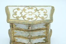 Load image into Gallery viewer, Vintage Italian Florentine Tole Jewelry Box – Gilt Gold &amp; White Chest with 3 Drawers
