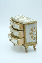 Load image into Gallery viewer, Vintage Italian Florentine Tole Jewelry Box – Gilt Gold &amp; White Chest with 3 Drawers
