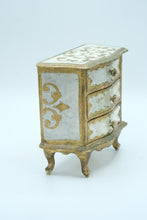 Load image into Gallery viewer, Vintage Italian Florentine Tole Jewelry Box – Gilt Gold &amp; White Chest with 3 Drawers
