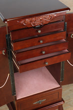 Load image into Gallery viewer, Traditional Cherry Jewelry Armoire – Mirrored Lid, Multiple Drawers &amp; Necklace Doors
