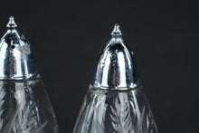 Load image into Gallery viewer, Fostoria Etched Glass Salt and Pepper Shakers Silver Tone Tops Set
