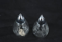 Load image into Gallery viewer, Fostoria Etched Glass Salt and Pepper Shakers Silver Tone Tops Set
