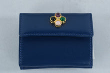 Load image into Gallery viewer, Judith Leiber Blue Leather Compact Wallet Jeweled Cabochon Made in Spain
