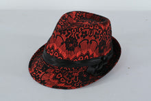 Load image into Gallery viewer, Kenny K Red and Black Lace Fedora Hat – Medium Size Retro Statement Accessory
