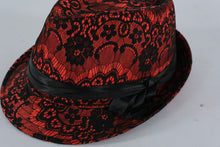 Load image into Gallery viewer, Kenny K Red and Black Lace Fedora Hat – Medium Size Retro Statement Accessory
