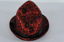 Load image into Gallery viewer, Kenny K Red and Black Lace Fedora Hat – Medium Size Retro Statement Accessory
