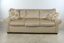 Load image into Gallery viewer, KFI Golden Wheat Upholstered 3-Seat Sofa with Rolled Arms &amp; Floral Accent Pillows
