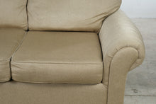 Load image into Gallery viewer, KFI Golden Wheat Upholstered 3-Seat Sofa with Rolled Arms &amp; Floral Accent Pillows
