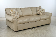 Load image into Gallery viewer, KFI Golden Wheat Upholstered 3-Seat Sofa with Rolled Arms &amp; Floral Accent Pillows
