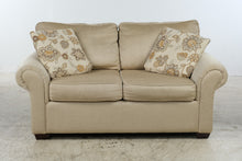 Load image into Gallery viewer, Golden Wheat Upholstered Loveseat by KFI with Rolled Arms &amp; Accent Pillows
