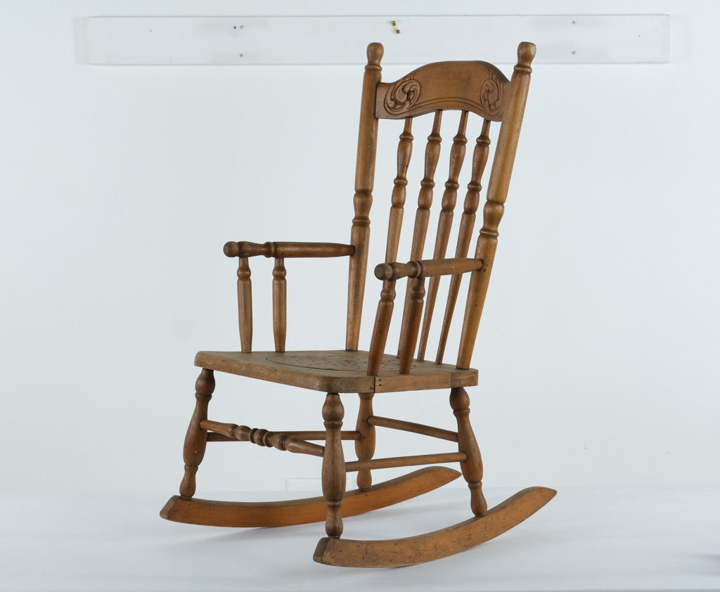 Antique Kid’s Rocking Chair – Wooden with Carved Backrest