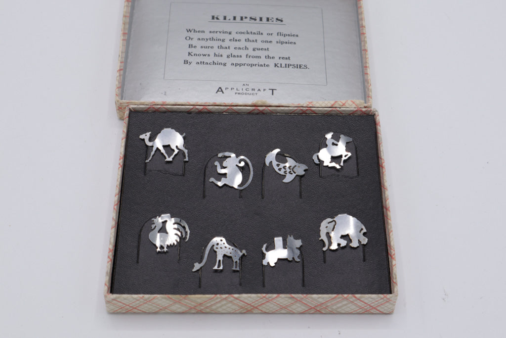 1950s Steiner Studios Klipsies Drink Glass Markers – Set of 8 in Original Box