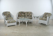 Load image into Gallery viewer, Vintage Lloyd Loom Wicker Patio Furniture Set with Tropical Upholstery and Glass Tables
