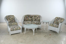 Load image into Gallery viewer, Vintage Lloyd Loom Wicker Patio Furniture Set with Tropical Upholstery and Glass Tables
