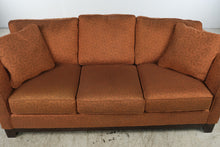 Load image into Gallery viewer, La-Z-Boy Burnt Orange Rust Upholstered Sofa – Swirl Pattern &amp; Rolled Arms
