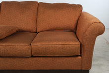 Load image into Gallery viewer, La-Z-Boy Burnt Orange Rust Upholstered Sofa – Swirl Pattern &amp; Rolled Arms
