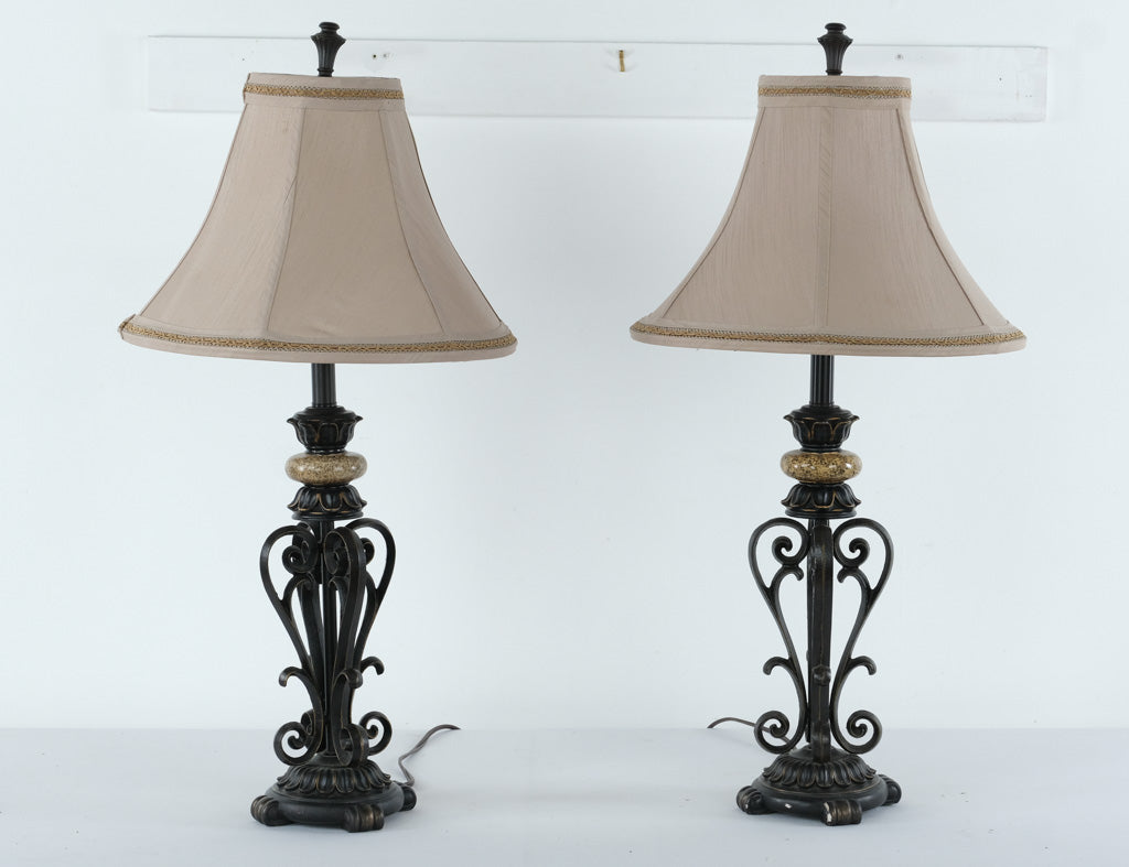 Pair of Orleans French Scroll Iron Table Lamps with Taupe Shades – 33