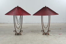 Load image into Gallery viewer, D and R Mexican Metal Table Lamps Red Hand Decorated Shades Pair 28 Inch
