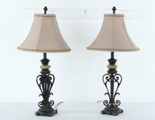 Load image into Gallery viewer, Pair of Orleans French Scroll Iron Table Lamps with Taupe Shades – 33&quot; Tall
