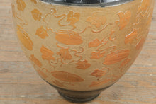Load image into Gallery viewer, Large Art Pottery Floor Vase Pumpkin Vine Relief Black Glaze 30 Inch
