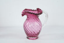 Load image into Gallery viewer, Fenton Cranberry Opalescent Swirl Glass Pitcher Ruffled Rim Clear Handle Large
