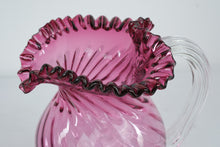 Load image into Gallery viewer, Fenton Cranberry Opalescent Swirl Glass Pitcher Ruffled Rim Clear Handle Large
