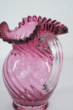 Load image into Gallery viewer, Fenton Cranberry Opalescent Swirl Glass Pitcher Ruffled Rim Clear Handle Large
