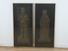 Load image into Gallery viewer, Mid Century Gothic Knight and Lady Wall Art Pair Brass Etched Panels Framed 21x46

