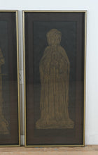 Load image into Gallery viewer, Mid Century Gothic Knight and Lady Wall Art Pair Brass Etched Panels Framed 21x46
