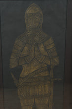 Load image into Gallery viewer, Mid Century Gothic Knight and Lady Wall Art Pair Brass Etched Panels Framed 21x46
