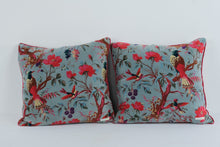 Load image into Gallery viewer, Laura Park Floral Bird Velvet Throw Pillows Blue Pink 18 Inch Pair
